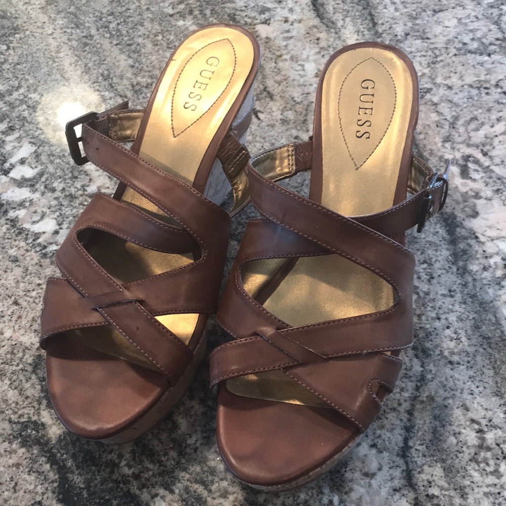 Guess tan leather wedge sandals size 11